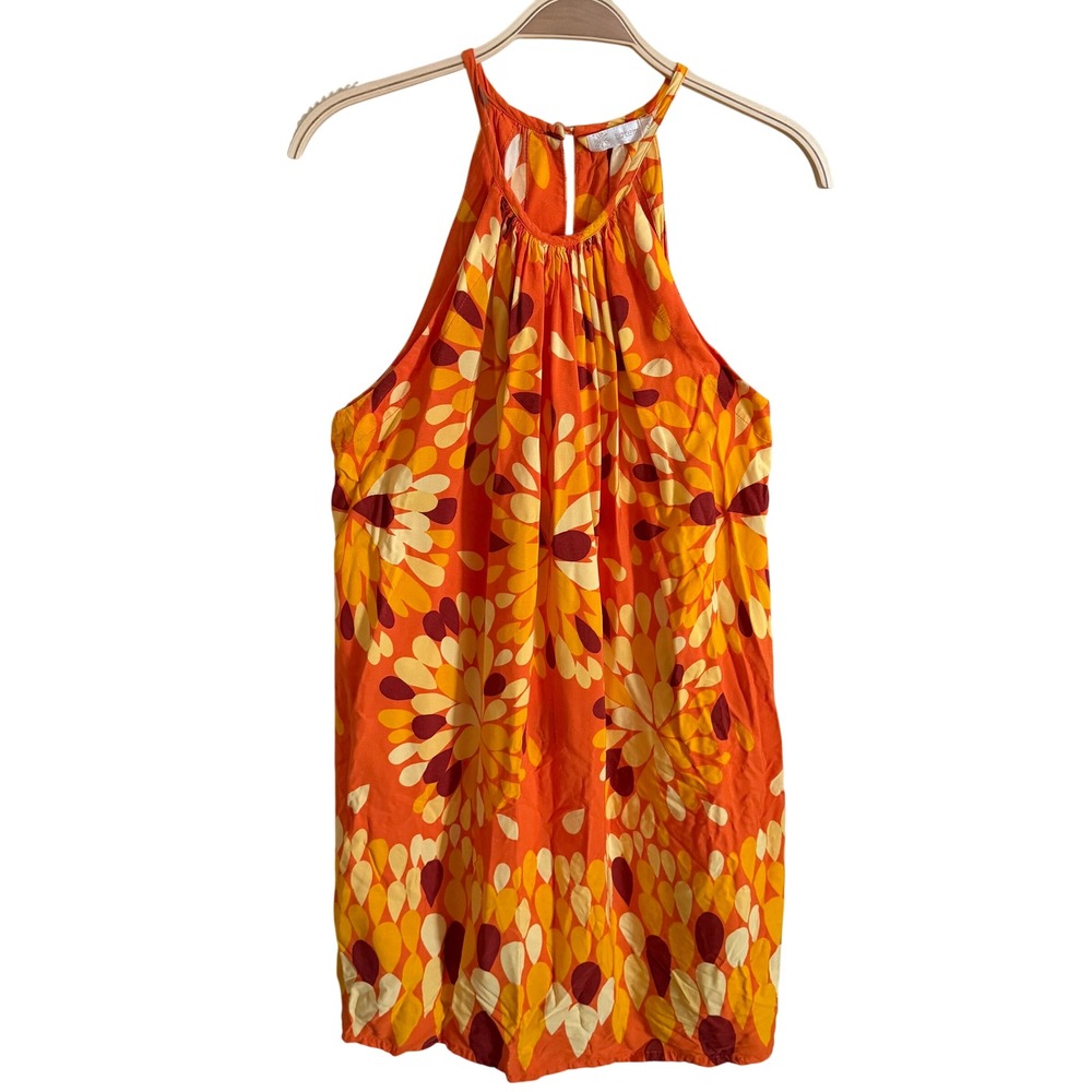 Totem Brazilian Design Orange Floral Halter Mini Dress Size 3 Large Boho Viscose